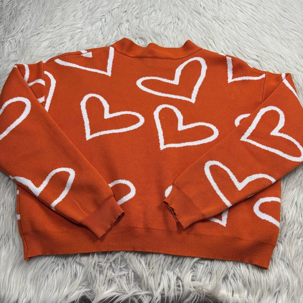 Cider Women's L Orange Cropped Boxy Heart Print Button Cardigan Dopamine Whimsy - Picture 5 of 5
